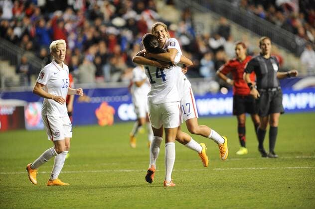 Oct. 24, 2014 - Chester, Pennsylvania, U.S - USA s CHRISTEN PRESS (14) and TOBIN HEATH (17) celebrate scoring a goal against Mexico during their semi-final match at PPL Park in Chester Pa. The USA Women s National Team won 3-0 CONCACAF 2014 USA Beats MEXICO - ZUMArf1_