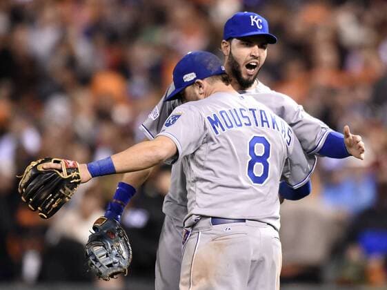Oct. 24, 2014 - San Francisco, CA, USA - Kansas City Royals first baseman Eric Hosmer and third baseman Mike Moustakas (8) celebrate the final out of the game in a 3-2 win against the San Francisco Giants in Game 3 of the World Series at AT&T Park in San Francisco, Calif., on Friday, Oct. 24, 2014. The Royals lead the series, 2-1. World Series, Game 3: Kansas City at San Francisco - ZUMAm67_