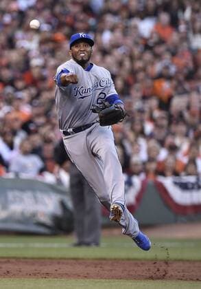 Oct. 24, 2014 - San Francisco, CA, USA - Kansas City Royals shortstop Alcides Escobar tries to throw out the San Francisco Giants Hunter Pence, who was safe at first during the second inning in Game 3 of the World Series at AT&T Park in San Francisco, Calif., on Friday, Oct. 24, 2014. The Royals won, 3-2, to take a 2-1 series lead. World Series, Game 3: Kansas City at San Francisco - ZUMAm67_