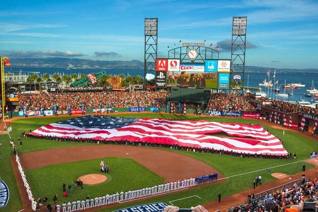 October 24, 2014: The opening ceremony with a general view of the stadium and the San Francisco Bay in the background, before game three of the World Series of the San Francisco Giants at AT&T Park in San Francisco, California, USA. MLB Baseball Herren USA OCT 24 World Series - Game 3 Icon20141024041 EDITORIAL USE ONLY
