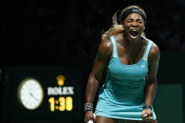 SINGAPORE - OCTOBER 25: (CHINA OUT) Serena Williams of the United States reacts in the semifinal match during the BNP Paribas WTA Tennis Damen Finals at Singapore Sports Hub on October 25, 2014 in Singapore.  CFP29758 