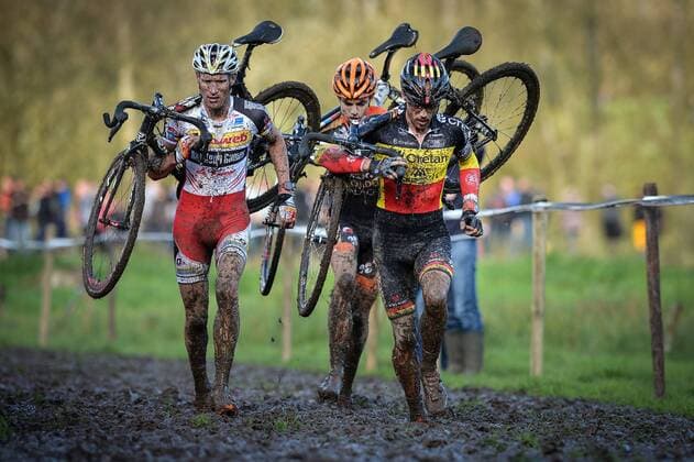 - KRUIBEKE, BELGIUM: Belgian Klaas Vantornout, Belgian Wout Van Aert and Belgian national champion Sven Nys pictured in action during the second edition of the Poldercross cyclocross cycling race in Bazel, Kruibeke, Saturday 25 October 2014. DAVIDxSTOCKMAN  04489394