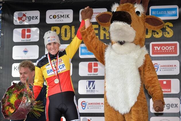 - KRUIBEKE, BELGIUM: Belgian Sanne Cant celebrates on the podium after the second edition of the Poldercross cyclocross cycling race in Bazel, Kruibeke, Saturday 25 October 2014. DAVIDxSTOCKMAN  04489460