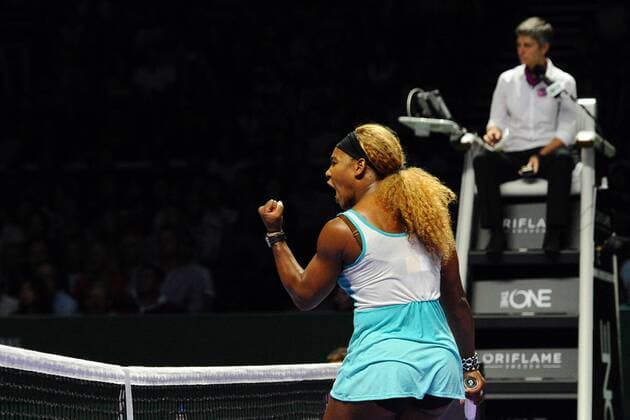 Serena Williams of the United States reacts during the women s singles final match of WTA Tennis Damen Finals at the Singapore Indoor Stadium on Oct. 26, 2014. (SP)SINGAPORE-TENNIS-WTA-SINGLES FINAL ThenxChihxWey 