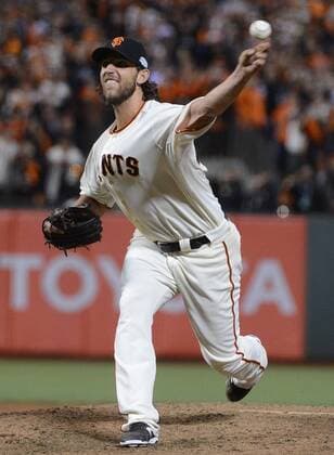 San Francisco Giants starting pitcher Madison Bumgarner earns his second win throwing a complete game against the Kansas City Royals during game 5 of the World Series at AT&T Park in San Francisco on October 26, 2014. The Giants took the pivotal game 5 beating the Royals 5-0 and now lead the series 3-2.  SXP2014102643