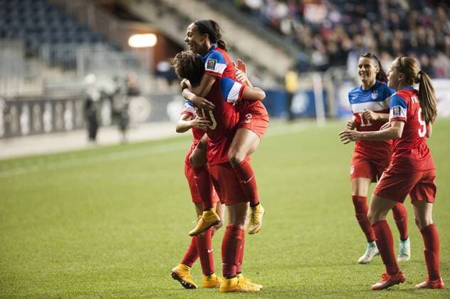 Oct. 26, 2014 - Chester, Pennsylvania, U.S - USA s AMY WAMBACH (2O) and SYDNEY LEROUX (2) celebrate scoring a goal against Costa Rica during the CONCACAF 2014 championship match at PPL Park in Chester Pa. CONCACAF 2014 USA Vs Costa Rica - ZUMArf1_