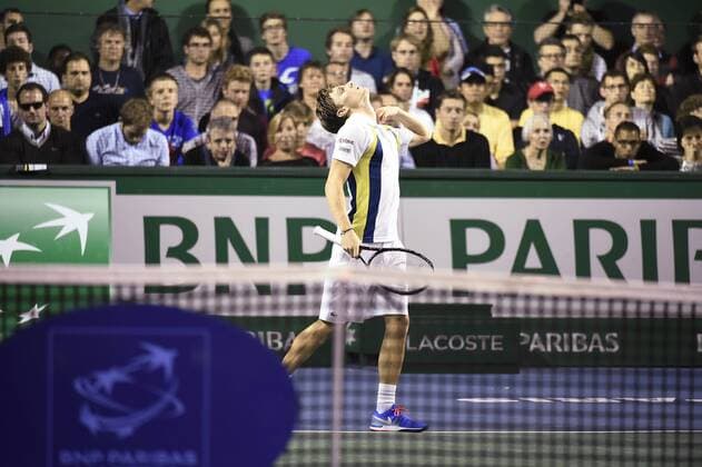 Belgian David Goffin reacts at a tennis game BNP Paribas Masters tournament in Bercy, Paris, France, Wednesday 29 October 2014. FREDxPORCU  premiumd 20694153