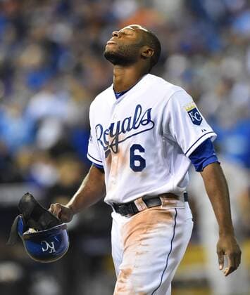 Kansas City center fielder Lorenzo Cain reacts after popping out to second to end the eighth inning against the San Francisco Giants in game 7 of the World Series at Kauffman Stadium in Kansas City, Missouri on October 29, 2014. Tied at 3 games apiece, the winner, San Francisco or Kansas City, will be champion.  KCP2014102962