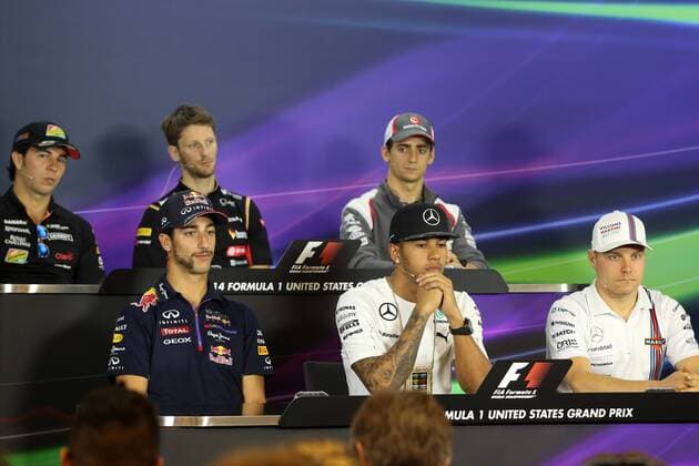 30.10.2014 - Press conference, Sergio Perez (MEX) Sahara Force India F1 VJM07, Romain Grosjean (FRA) Lotus F1 Team E22, Esteban Gutierrez (MEX), Sauber F1 Team C33, Daniel Ricciardo (AUS) Red Bull Racing RB10, Lewis Hamilton (GBR) Mercedes AMG F1 W05 and Valtteri Bottas (FIN) Williams F1 Team FW36 United States Grand Prix, Austin 30 October - 2 November 2014 