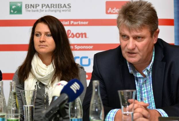 Czech tennis player Lucie Safarova, left, and President of Czech Tennis Association Ivo Kaderka pictured during the press conference due to a Fed Cup final against Germany in Prostejov, Czech Republic, October 29, 2014. The final will be played in Prague s 02 arena on November 8-9. (CTKxPhoto VladislavxGalgonek) CTKPhotoOF201410295468901  GAL 4