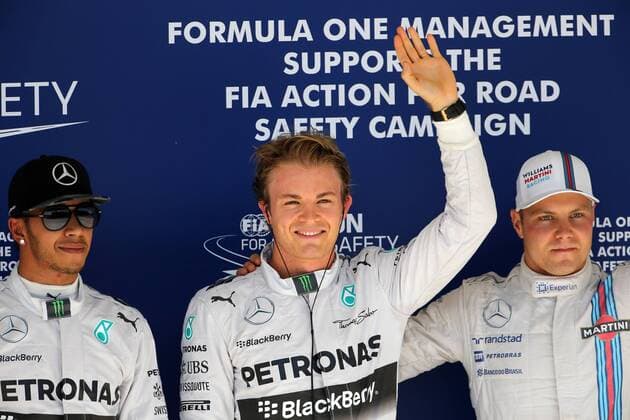 01.11.2014 - Qualifying, (L-R) 2nd position Lewis Hamilton (GBR) Mercedes AMG F1 W05, Nico Rosberg (GER) Mercedes AMG F1 W05 pole position and 3rd position Valtteri Bottas (FIN) Williams F1 Team FW36 United States Grand Prix, Austin 30 October - 2 November 2014 
