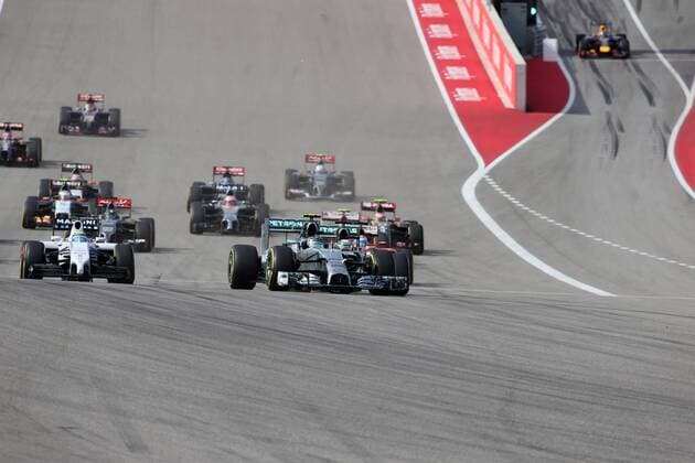 02.11.2014 - Race, Start of the race, Sebastian Vettel (GER) Red Bull Racing RB10 starting from the pit lane United States Grand Prix, Austin 30 October - 2 November 2014 