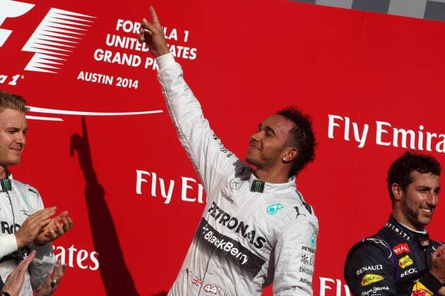 02.11.2014 - Race, 1st position Lewis Hamilton (GBR) Mercedes AMG F1 W05 United States Grand Prix, Austin 30 October - 2 November 2014 