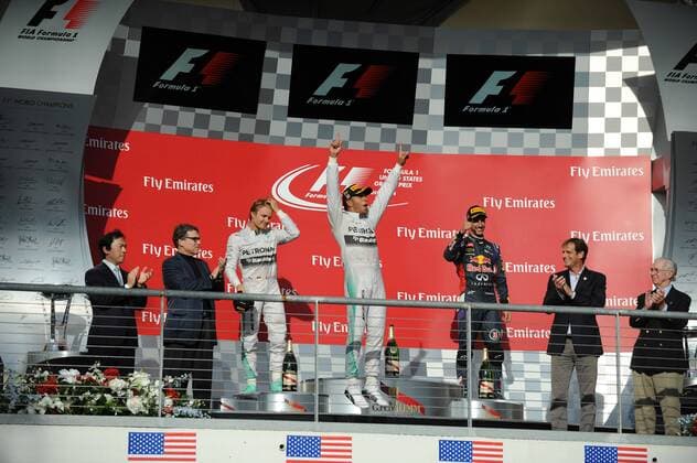 02.11.2014 - Race, 1st position Lewis Hamilton (GBR) Mercedes AMG F1 W05, 2nd position Nico Rosberg (GER) Mercedes AMG F1 W05 and 3rd position Daniel Ricciardo (AUS) Red Bull Racing RB10 United States Grand Prix, Austin 30 October - 2 November 2014 
