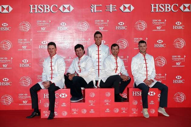 (From left) Justin Rose of England, Bubba Watson and Rickie Fowler of the United States, Adam Scott of Australia and Martin Kaymer of Germany, all dressed in Chinese folk costumes tangzhuang, pose at the opening ceremony of the WGC HSBC Champions golf tournament on the Bund in Shanghai, China, 4 November 2014. Golfers tee off HSBC Champions golf tournament in Shanghai  20141104_14180