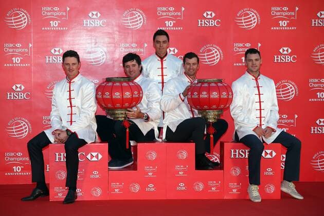 (From left) Justin Rose of England, Bubba Watson and Rickie Fowler of the United States, Adam Scott of Australia and Martin Kaymer of Germany, all dressed in Chinese folk costumes tangzhuang, pose at the opening ceremony of the WGC HSBC Champions golf tournament on the Bund in Shanghai, China, 4 November 2014. Golfers tee off HSBC Champions golf tournament in Shanghai  20141104_34378