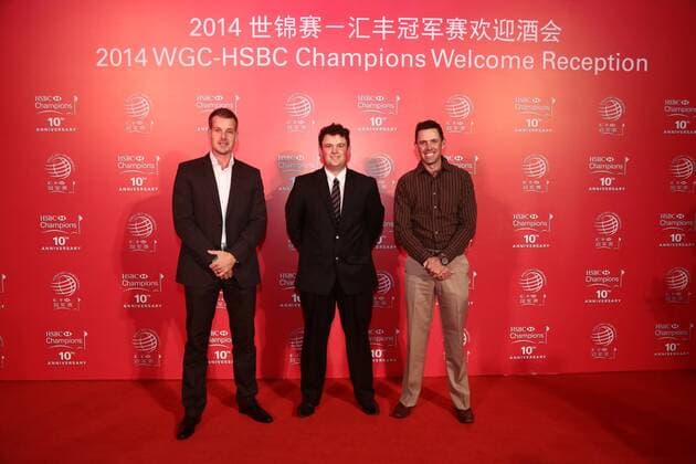 (From left) Henrik Stenson of Sweden, Patrick Reed of the United States and Charl Schwartzel of South Africa pose at the welcome reception for the WGC HSBC Champions golf tournament in Shanghai, China, 4 November 2014. Golfers highlight welcome reception for HSBC Champions golf tournament in Shanghai  pbu182283_01
