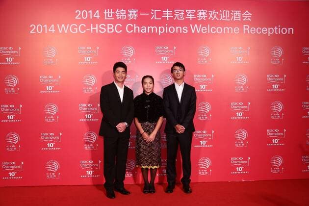 Liang Wenchong, left, and Dou Zecheng, right, of China pose at the welcome reception for the WGC HSBC Champions golf tournament in Shanghai, China, 4 November 2014. Golfers highlight welcome reception for HSBC Champions golf tournament in Shanghai  pbu182283_02