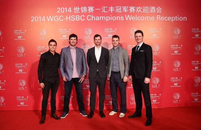 (From left) Rickie Fowler and Bubba Watson of the United States, Adam Scott of Australia, Martin Kaymer of Germany and Justin Rose of England pose at the welcome reception for the WGC HSBC Champions golf tournament in Shanghai, China, 4 November 2014. Golfers highlight welcome reception for HSBC Champions golf tournament in Shanghai  pbu182283_04