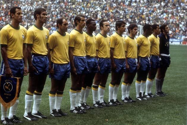 Mannschaftsfoto Brasilen, v.li.: Carlos Alberto, Brito, Gerson, Piazza, Everaldo, Tostao, Clodoaldo, Rivelino, Pele, Jairzinho und Torwart Felix