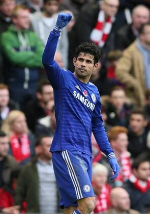 Diego Costa of Chelsea celebrates his winning goal - Barclays Premier League - Liverpool vs Chelsea - Anfield Stadium - Liverpool - England - 8th November 2014 - Picture Simon Bellis Sportimage EDITORIAL USE ONLY. No use with unauthorised audio, video, data, fixture lists, club league logos or live services. Online in-match use limited to 120 images, no video emulation. No use in betting, games or single club league player publications.