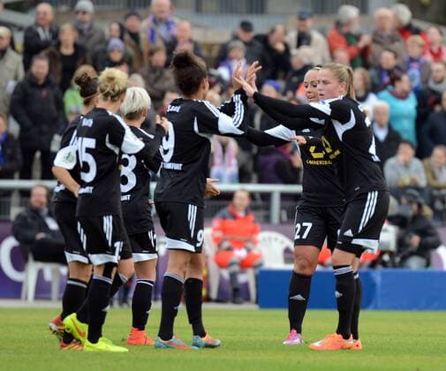 09.11.2014, xhbx, Fussball Champions League, 1.FFC Frankfurt - Torres Calcio Sassari, v.l.Torjubel, Goal celebration, celebrate the goal 4:0 Celia Sasic (1.FFC Frankfurt)