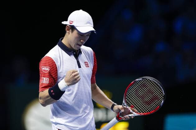 09.11.2014. London, England. ATP Tennis Herren World Tour Finals. Kei Nishikori celebrates winning the match in straight sets xCraigxMercerx  ActionPlus11575217