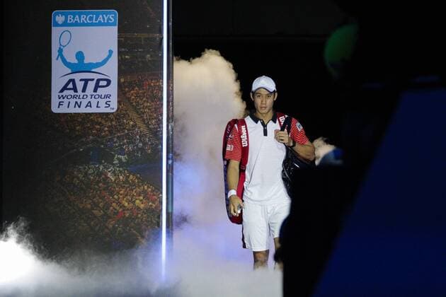 09.11.2014. London, England. ATP Tennis Herren World Tour Finals. Kei Nishikori enters the arena xCraigxMercerx  ActionPlus11575218