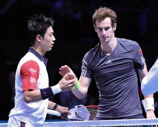 TENNIS - ATP, World Tour Finals 2014 LONDON,ENGLAND,09.NOV.14 - TENNIS - ATP Tennis Herren World Tour, World Tour Finals 2014. Image shows Kei Nishikori (JPN) and Andy Murray (ENG). 