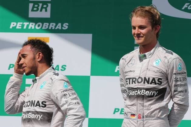09.11.2014 - Race, 2nd position Lewis Hamilton (GBR) Mercedes AMG F1 W05 and Nico Rosberg (GER) Mercedes AMG F1 W05 race winner Brazilian Grand Prix, Interlagos 6 - 9 November 2014 