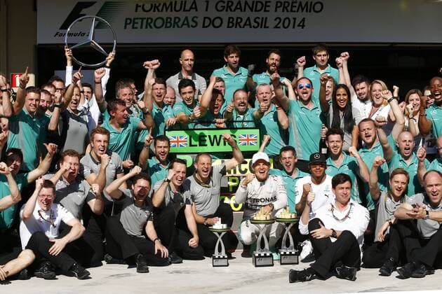 Motorsports: FIA Formula One World Championship 2014, Grand Prix of Brazil, 6 Nico Rosberg (GER, Mercedes AMG Petronas F1 Team), 44 Lewis Hamilton (GBR, Mercedes AMG Petronas F1 Team), Toto Wolff (AUT, Mercedes AMG Petronas F1 Team), xHOCHxZWEIx