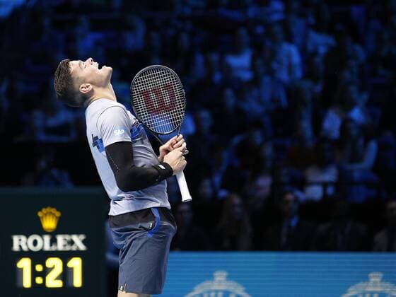 09.11.2014 London, England. Milos Raonic in action during the Day 1 Barclays ATP Tennis Herren World Tour Finals from the O2 Arena. x  ActionPlus20149653