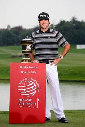 Bubba Watson of the United States poses with his champion trophy during the WGC HSBC Champions golf tournament at the Sheshan International Golf Club in Shanghai, China, 9 November 2014. Bubba Watson wins his 1st World Golf Championship in Shanghai  pbu184836_06