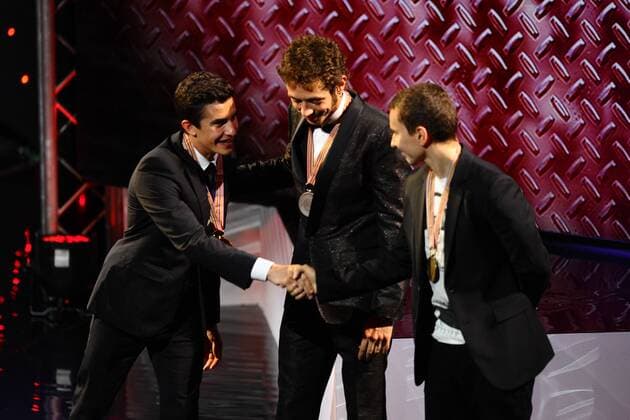Valencia, SPAIN - FIM Awards Ceremony 2014. In the picture: MotoGP Champion Marc Marquez, runner-up Valentino Rossi and third placed rider Jorge Lorenzo 