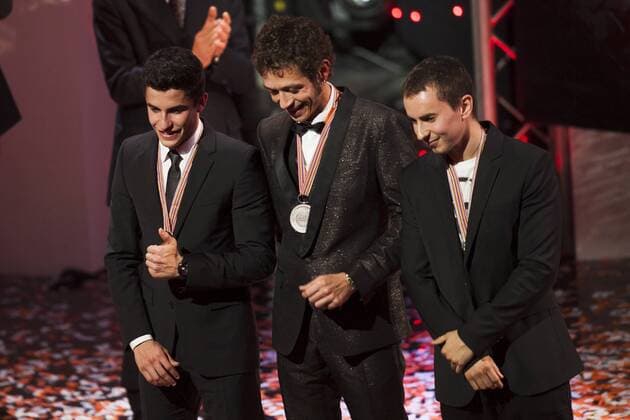 Valencia, SPAIN - FIM Awards Ceremony 2014. In the picture: MotoGP Champion Marc Marquez, runner-up Valentino Rossi and third placed rider Jorge Lorenzo 