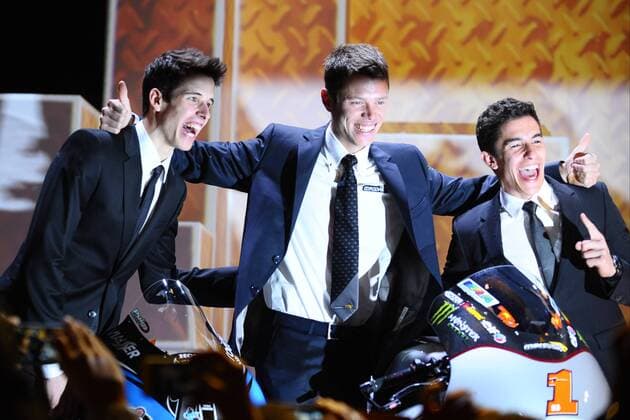 Valencia, SPAIN - FIM Awards Ceremony 2014. In the picture: World Champions of moto3, moto2 and MotoGP. 12 Alex MARQUEZ (SPA) Estrella Galicia 0,0 53 Esteve RABAT (SPA) Marc VDS Racing Team 93 Marc MARQUEZ (SPA) Repsol Honda Team 