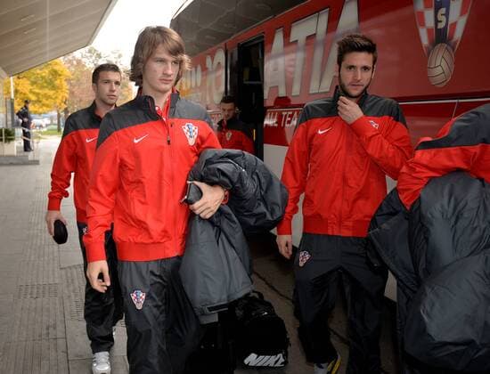 Croatia football team departure - Croatia 10.11.2014., Pleso Airport Zagreb,Croatia - The Croatia football squad fly out to London for their friendly match with Argentina. Domagoj Antolic, Tin Jedvaj and Duje Cop.  MarkoxPrpic PIXSELL