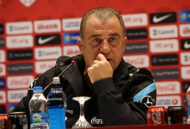 Turkey National Football Team Head Coach Fatih Terim and Players Bekir Irtegun and Burak Yilmaz during the press conference in Riva, Istanbul on November 11, 2014. Pictured: Coach Fatih Terim 