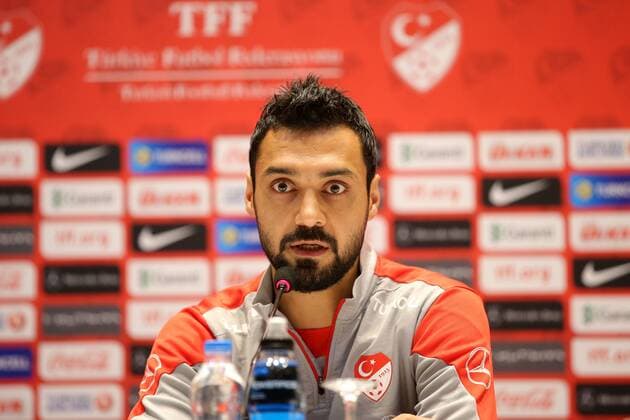 Turkey National Football Team Head Coach Fatih Terim and Players Bekir Irtegun and Burak Yilmaz during the press conference in Riva, Istanbul on November 11, 2014. Pictured: Bekir Irtegun 
