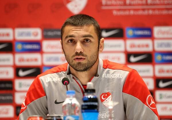 Turkey National Football Team Head Coach Fatih Terim and Players Bekir Irtegun and Burak Yilmaz during the press conference in Riva, Istanbul on November 11, 2014. Pictured: Burak Yilmaz 