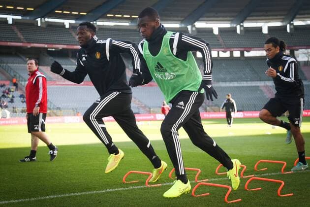 - BRUSSELS, BELGIUM: Belgium s Romelu Lukaku and Belgium s Christian Benteke pictured during a training session of Belgian national soccer team Red Devils, Tuesday 11 November 2014. Belgium will play a friendly match against Iceland on Wednesday and its third game of the Euro 2016 qualification, against Wales on Sunday. VIRGINIExLEFOUR  premiumd 20150453