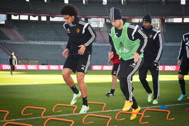 - BRUSSELS, BELGIUM: Belgium s Axel Witsel and Belgium s Eden Hazard pictured during a training session of Belgian national soccer team Red Devils, Tuesday 11 November 2014. Belgium will play a friendly match against Iceland on Wednesday and its third game of the Euro 2016 qualification, against Wales on Sunday. VIRGINIExLEFOUR  premiumd 20150454