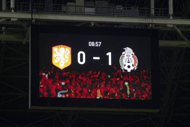 scoreboard 0-1 after 8 minutres during the International friendly match between Netherlands and Mexico on November 12, 2014 at the Amsterdam Arena in Amsterdam, The Netherlands. Netherlands v Mexico International Friendly 2014 2015 xVIxxIVx 3267513