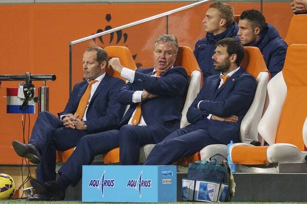 (Top Row L-R) goalkeeper Jasper Cillessen of Holland, Robin van Persie of Holland (Front row L-R) assistant trainer Danny Blind of Holland, coach Guus Hiddink of Holland, assistant trainer Ruud van Nistelrooij of Holland during the International friendly match between Netherlands and Mexico on November 12, 2014 at the Amsterdam Arena in Amsterdam, The Netherlands. Netherlands v Mexico International Friendly 2014 2015 xVIxxIVx 3268711