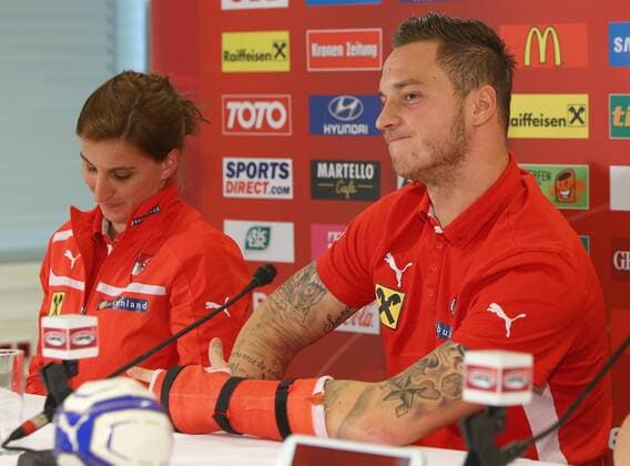 SOCCER - UEFA EURO 2014 quali, preview VIENNA,AUSTRIA,13.NOV.14 - SOCCER - UEFA European Qualifiers, ÖFB international match, Austria, preview, press conference of team AUT. Image shows Susanne Polansky (ÖFB) and Marko Arnautovic (AUT). 