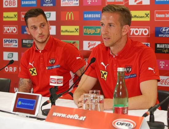 SOCCER - UEFA EURO 2014 quali, preview VIENNA,AUSTRIA,13.NOV.14 - SOCCER - UEFA European Qualifiers, ÖFB international match, Austria, preview, press conference of team AUT. Image shows Marko Arnautovic and Marc Janko (AUT). 