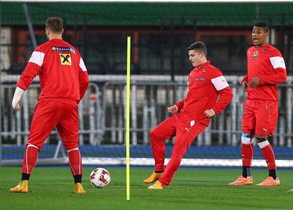 SOCCER - UEFA EURO 2016 quali, AUT vs RUS, preview VIENNA,AUSTRIA,13.NOV.14 - SOCCER - UEFA European Championship 2016, European Qualifiers, OEFB international match, Austria vs Russia, preview, training of team AUT. Image shows Marko Arnautovic, Marcel Sabitzer and Rubin Okotie (AUT). 
