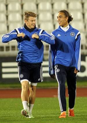 13.11.2014 Belgrade(Serbia) Nicolaj Thomsen(L) and Yussuf Poulsen(r) at Denmark national men s football team training day before Euroqualify match against Serbia : 