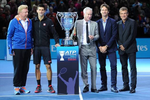 Novak Djokovic (Ser) number 1 with Boris Becker, John McEnroe, Carlos Moya and Mats Wilander TENNIS : ATP Tennis Herren World Tour Finals 2014 - 11 11 2014 - 16 11 2014 TennisMagazinexPanoramic 