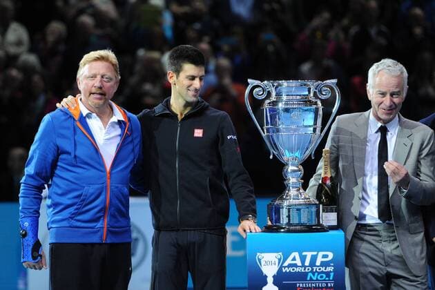 Novak Djokovic (Ser) number 1 with Boris Becker, John McEnroe, Carlos Moya and Mats Wilander TENNIS : ATP Tennis Herren World Tour Finals 2014 - 11 11 2014 - 16 11 2014 TennisMagazinexPanoramic 
